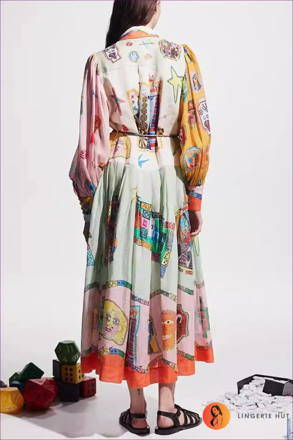 Long Lantern Sleeve Graffiti Shirt Dress - Drawstring Waist for Casual, Dresses, Everyday, Spring, Summer