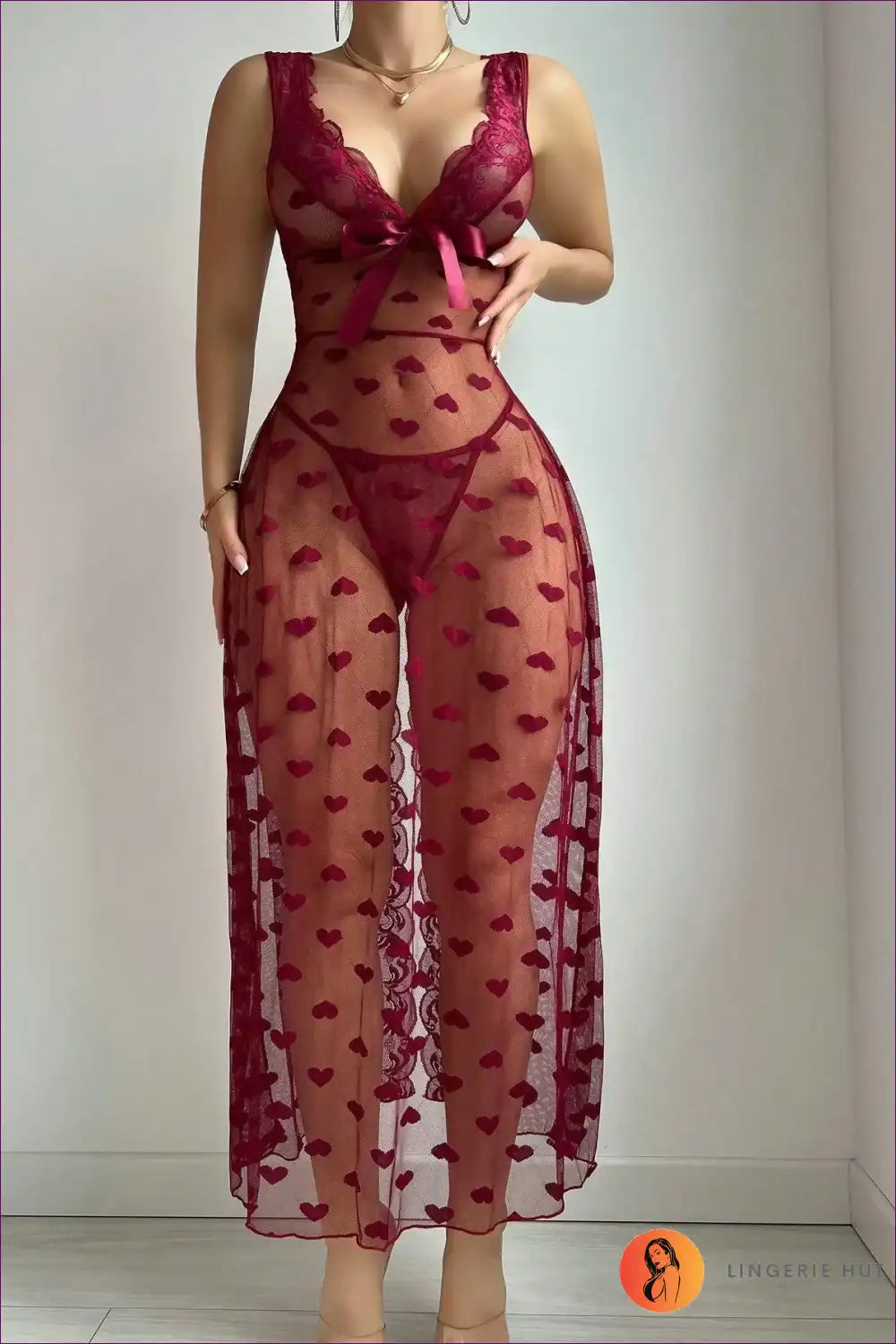 Long Lingerie Gown with Heart Mesh and Satin Bow - Romantic Ritual for Boudoir, Honeymoon, just In, Lace,