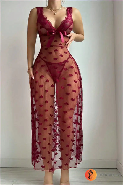 Long Lingerie Gown with Heart Mesh and Satin Bow - Romantic Ritual for Boudoir, Honeymoon, just In, Lace,