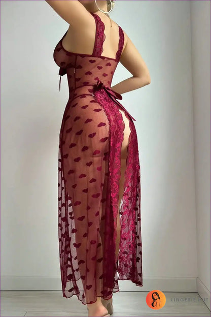 Long Lingerie Gown with Heart Mesh and Satin Bow - Romantic Ritual for Boudoir, Honeymoon, just In, Lace,