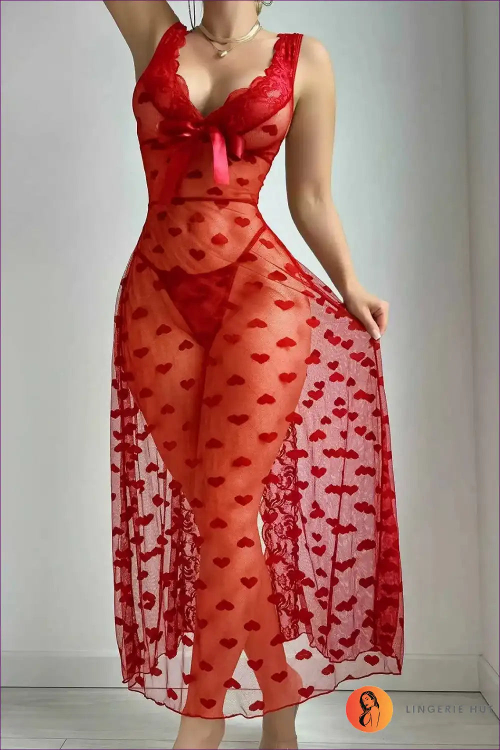 Long Lingerie Gown with Heart Mesh and Satin Bow - Romantic Ritual for Boudoir, Honeymoon, just In, Lace,