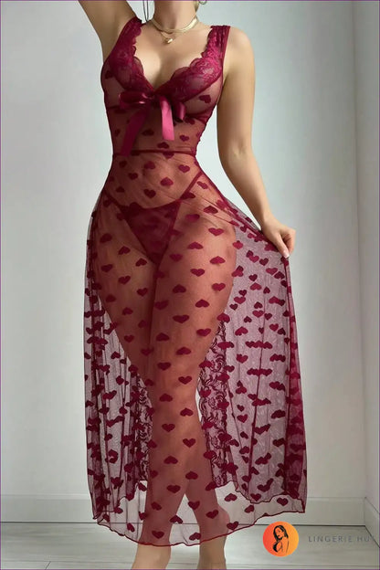 Long Lingerie Gown with Heart Mesh and Satin Bow - Romantic Ritual for Boudoir, Honeymoon, just In, Lace,