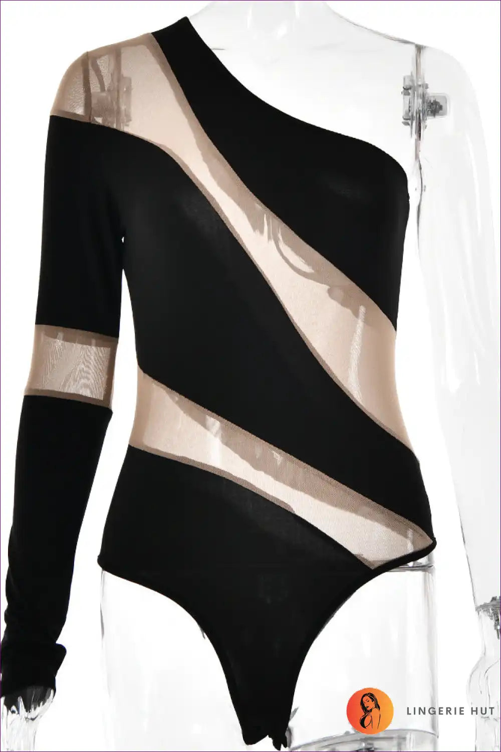 Turn Heads With Lingerie Hut’s Long Sleeve, Sexy See-through, One-shoulder Bodysuit. Slim Fit Meets Intricate