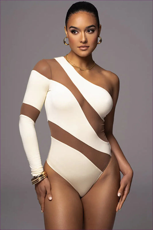 Turn Heads With Lingerie Hut’s Long Sleeve, Sexy See-through, One-shoulder Bodysuit. Slim Fit Meets Intricate