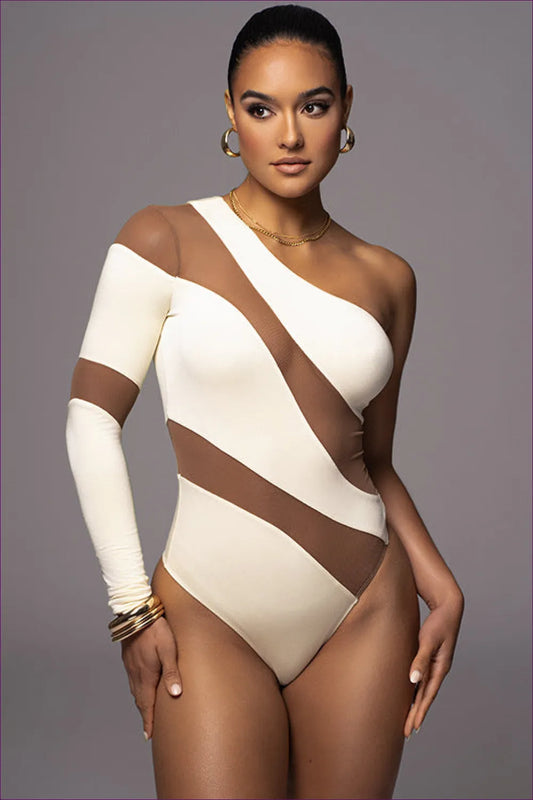 Turn Heads With Lingerie Hut’s Long Sleeve, Sexy See-through, One-shoulder Bodysuit. Slim Fit Meets Intricate