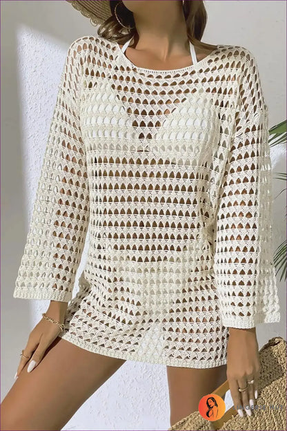 Long Sleeve Crochet Cover-up Top with Cutout Knit - Sunlit Ease - s / Apricot - Beachwear • Casual • Cover Up