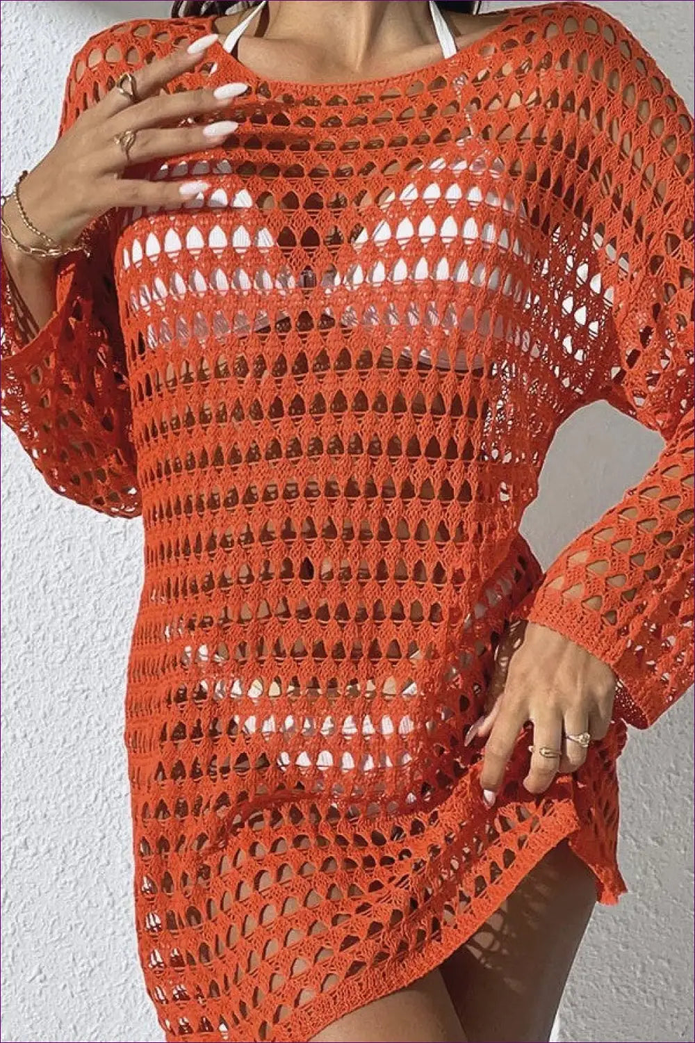 Long Sleeve Crochet Cover-up Top with Cutout Knit - Sunlit Ease - Beachwear • Casual • Cover Up • Lingerie Hut