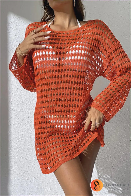 Long Sleeve Crochet Cover-up Top with Cutout Knit - Sunlit Ease - s / Orange - Beachwear • Casual • Cover Up • Lingerie