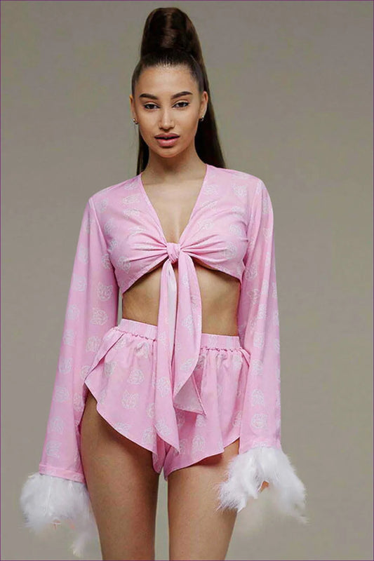Long Sleeve Fluffy Pajama Set - Sexy Pink Lounge Wear