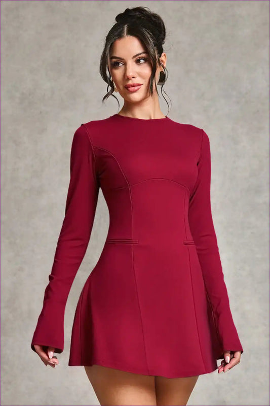 Long Sleeve A-line Mini Dress with Seam Detail - Modern Elegance for A-line, Autumn, Casual, Everyday, Formal