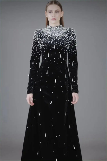 Long Sleeve Maxi Dress with Beaded Neckline - Modern Gala Icon for a Line, Dresses, Evening Wear, Formal