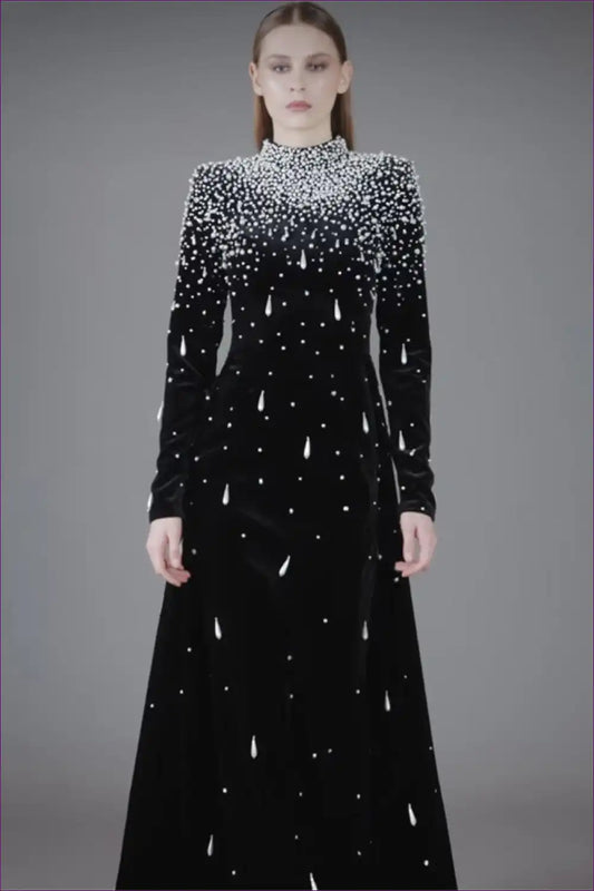 Long Sleeve Maxi Dress with Beaded Neckline - Modern Gala Icon for a Line, Dresses, Evening Wear, Formal