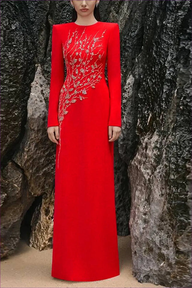 Long Sleeve Maxi Dress with Handmade Beads - Artisanal Evening Grace