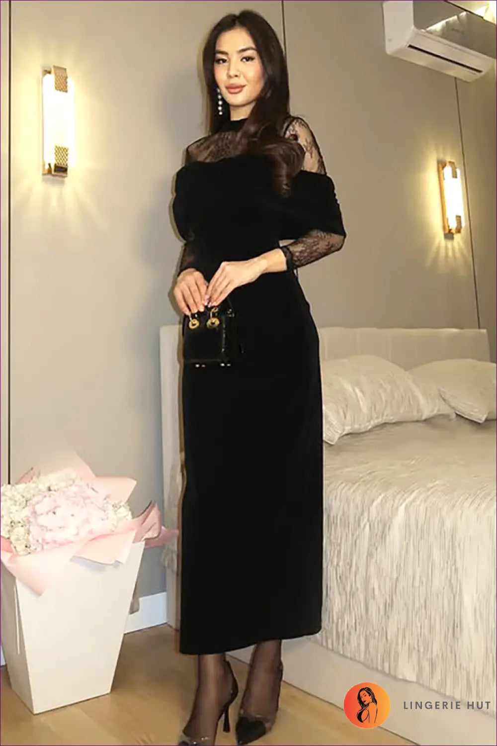 Long Sleeve Maxi Dress with Lace Yoke - Timeless Evening Romance - Dresses - Autumn • Bodycon • Clothing • Glamour