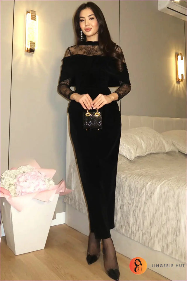 Long Sleeve Maxi Dress with Lace Yoke - Timeless Evening Romance