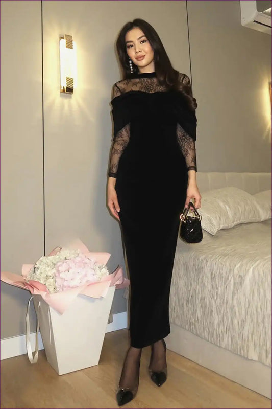 Long Sleeve Maxi Dress with Lace Yoke - Timeless Evening Romance for Autumn, Bodycon, Dress, Evening Wear,