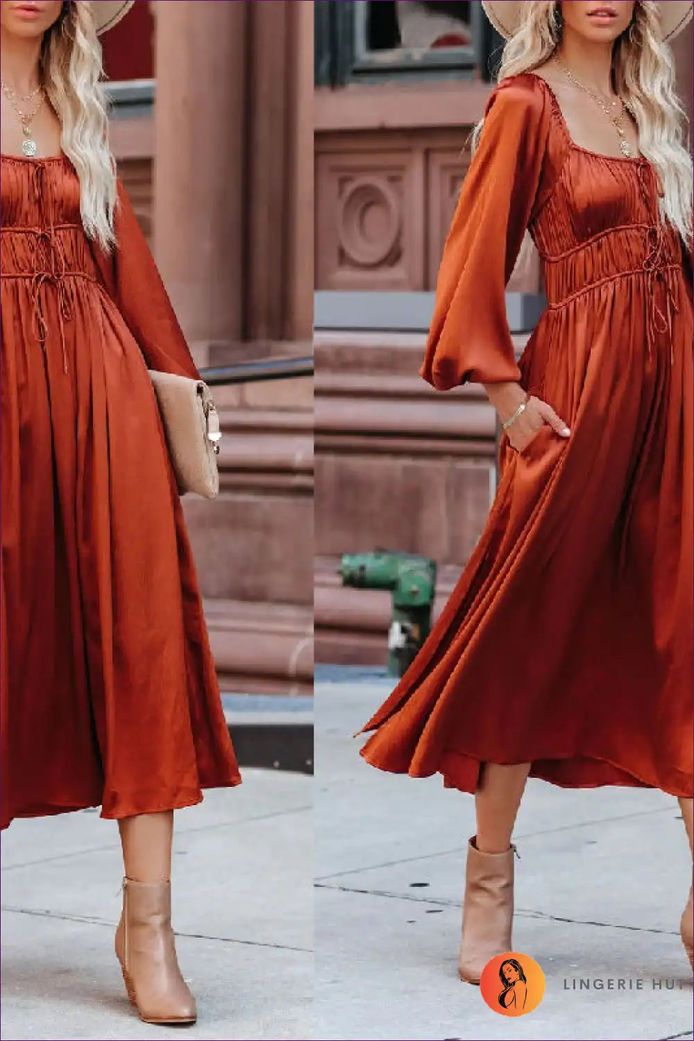 Long-sleeve Midi Dress with Drawstring Waist - Autumn for Autumn, Casual, Dress, Dresses, Evening Wear
