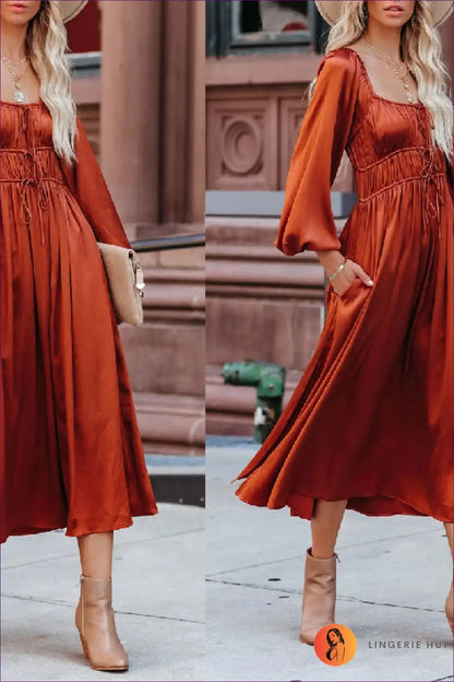 Long-sleeve Midi Dress with Drawstring Waist - Autumn for Autumn, Casual, Dress, Dresses, Evening Wear