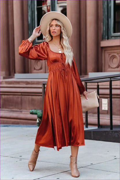 Long-sleeve Midi Dress with Drawstring Waist - Autumn for Autumn, Casual, Dress, Dresses, Evening Wear