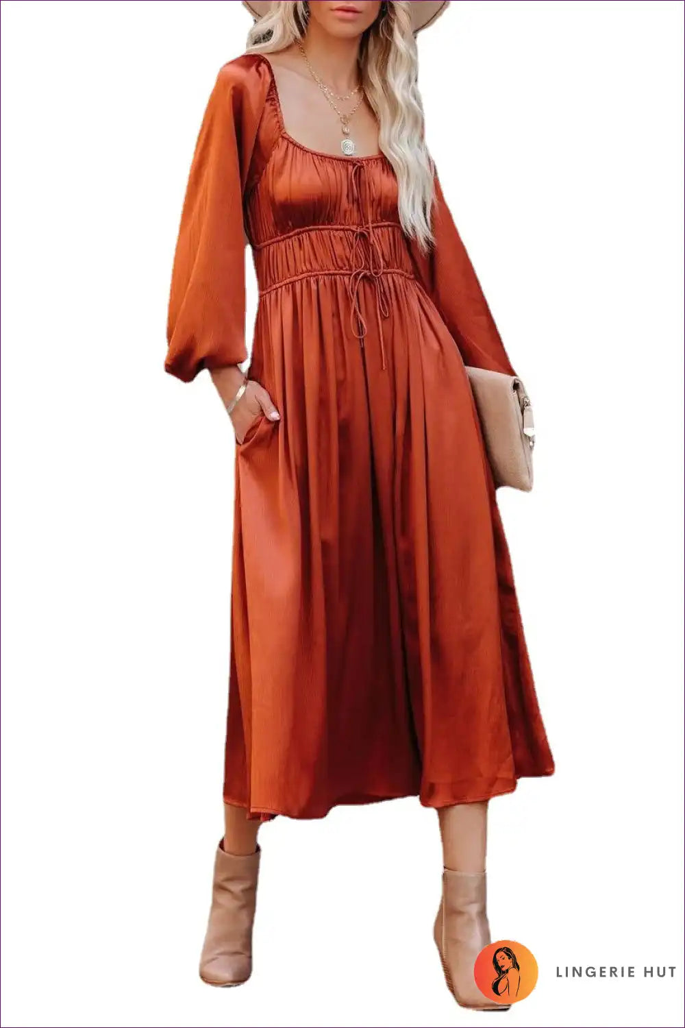 Long-sleeve Midi Dress with Drawstring Waist - Autumn for Autumn, Casual, Dress, Dresses, Evening Wear
