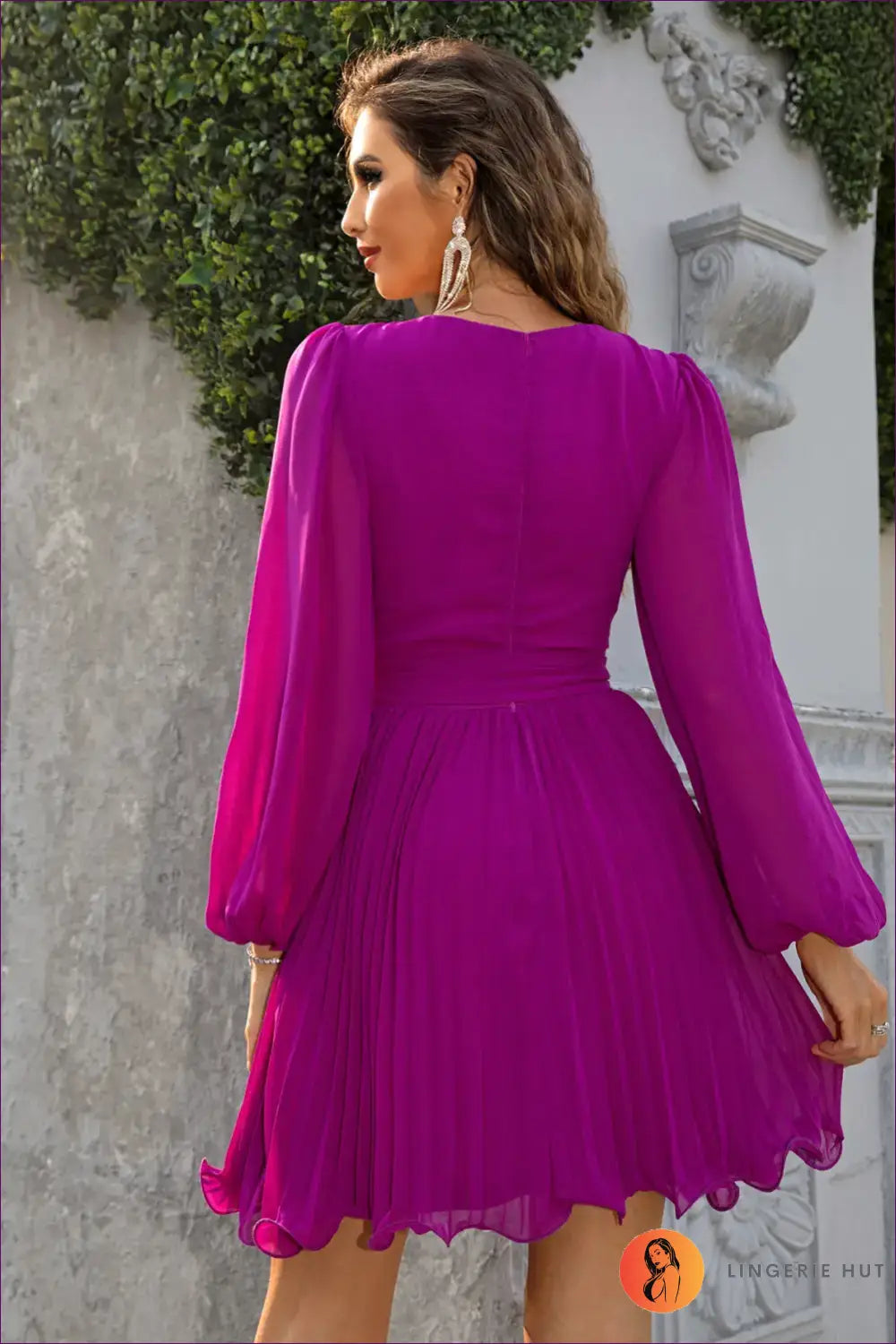 Long Sleeve Pleated Dress - Elegant And Stylish For Date Night, Dress, Mini, Party, Spring