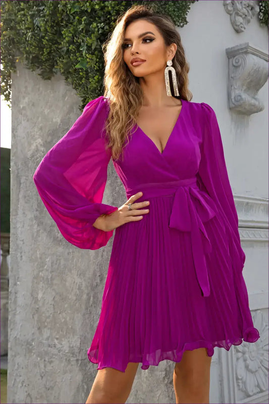 Long Sleeve Pleated Dress - Elegant And Stylish For Date Night, Dress, Mini, Party, Spring