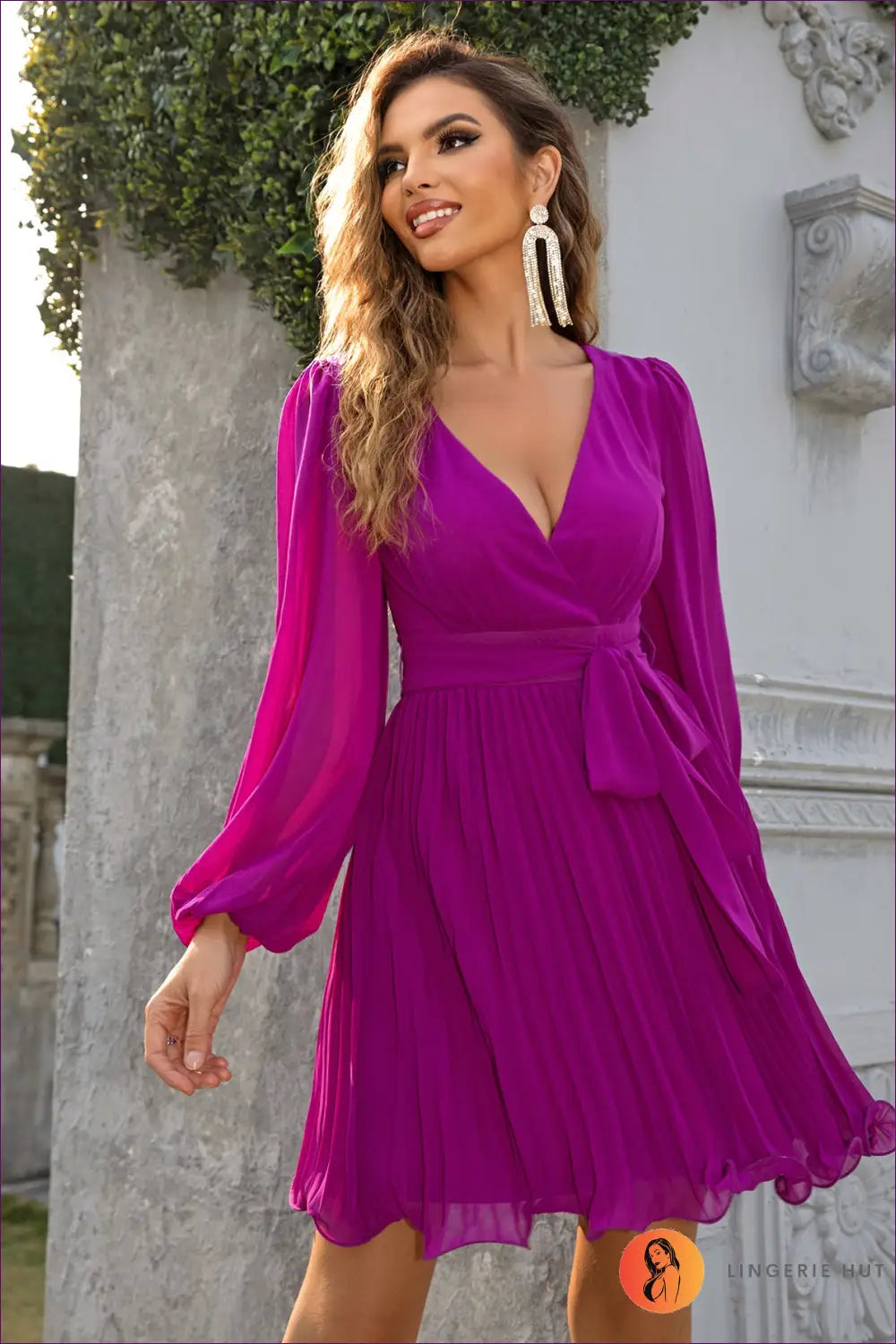 Long Sleeve Pleated A-line Dress - Understated Glamour - Xs / Purple - Dresses - A-line Dress • Autumn • Clothing