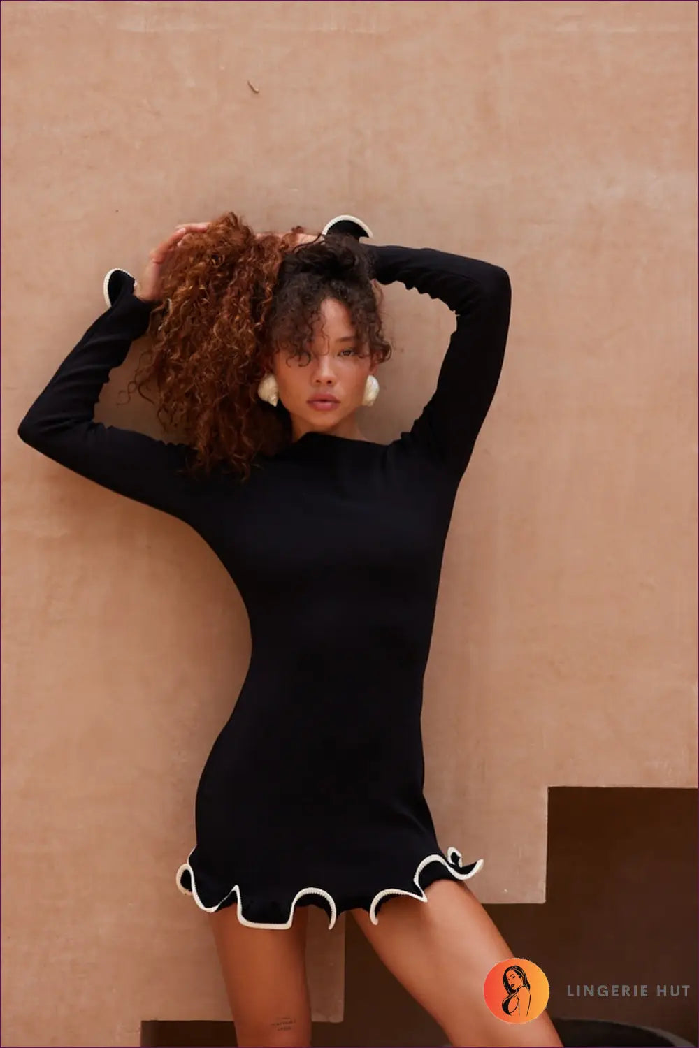 Long Sleeve Ruffle Hem Mini Dress - not your Basic - s / Black - Dresses - Lingerie Hut - Autumn • Bodycon • Casual