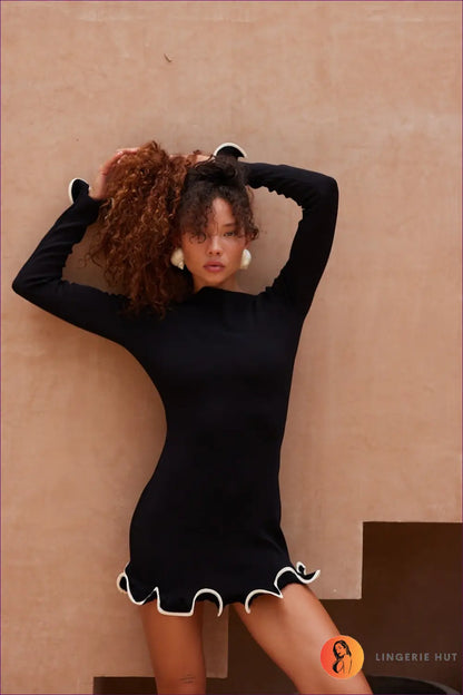 Long Sleeve Ruffle Hem Mini Dress - not your Basic - s / Black - Dresses - Lingerie Hut - Autumn • Bodycon • Casual