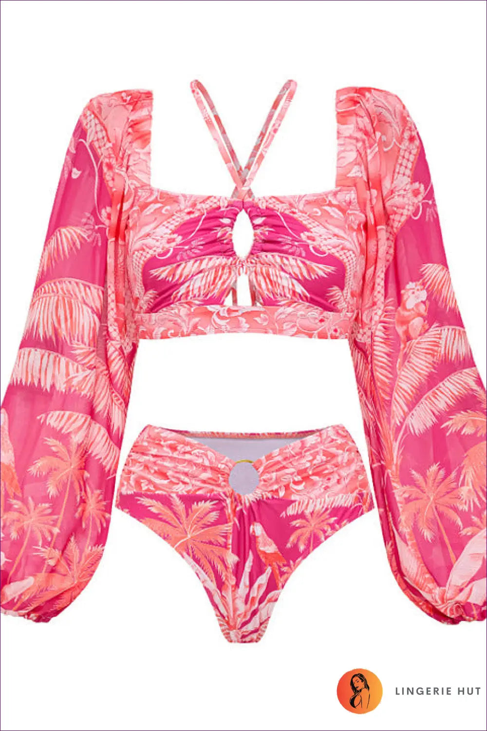 Long Sleeve Tropical Bikini with Ring Cutout - Palm Grove Ease - s / Swimsuit - Beachwear • Boho • just in • Sheer