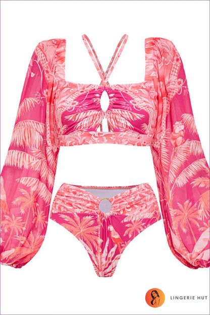 Long Sleeve Tropical Bikini with Ring Cutout - Palm Grove Ease - s / Swimsuit - Beachwear • Boho • just in • Sheer