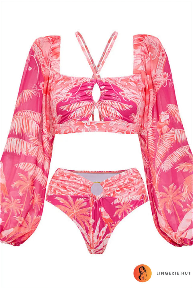 Long Sleeve Tropical Bikini with Ring Cutout - Palm Grove Ease