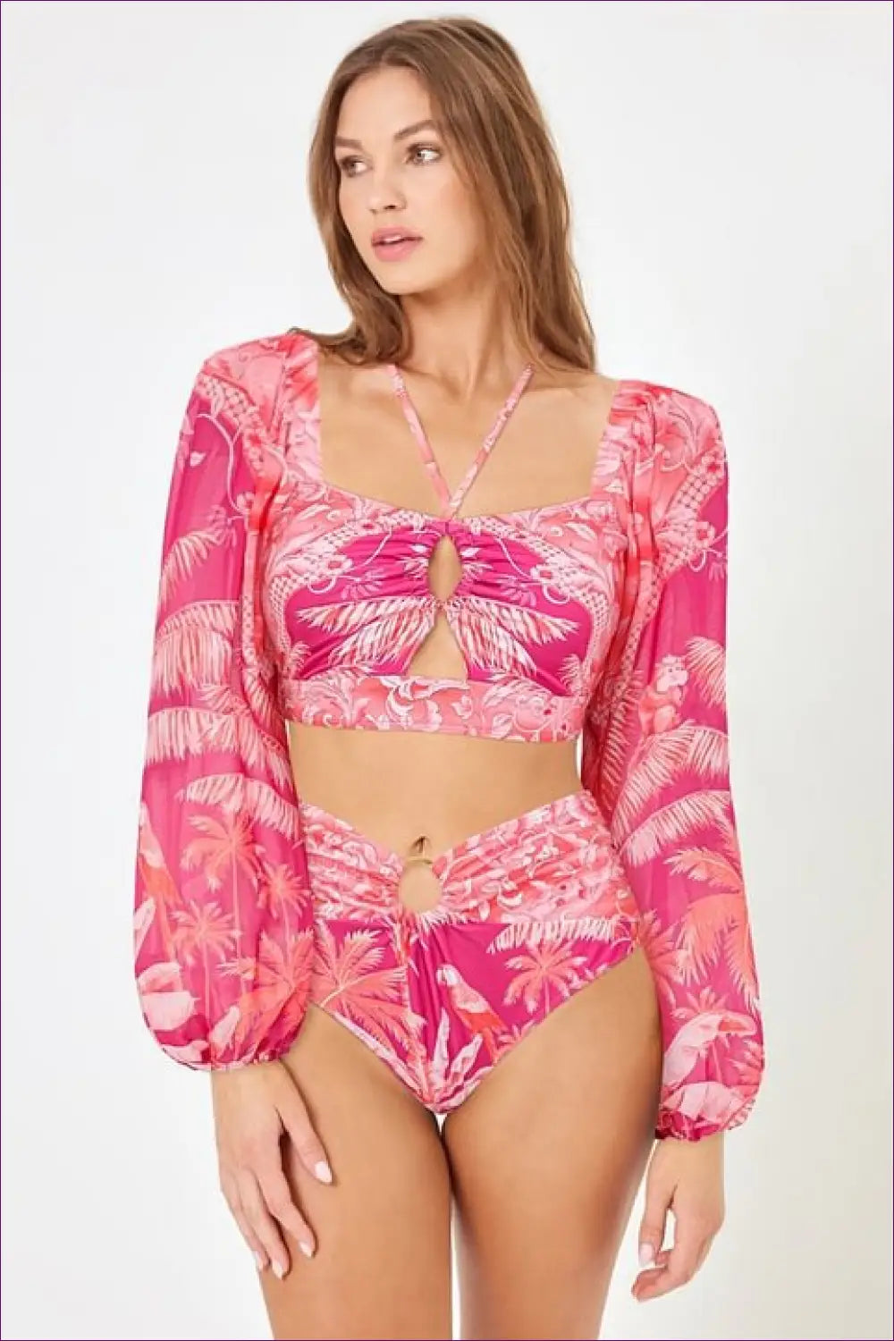 Long Sleeve Tropical Bikini with Ring Cutout - Palm Grove Ease - Beachwear • Boho • just in • Sheer - Lingerie Hut
