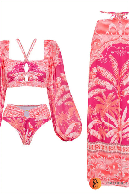 Long Sleeve Tropical Bikini with Ring Cutout - Palm Grove Ease - s / Set - Beachwear • Boho • just in • Sheer