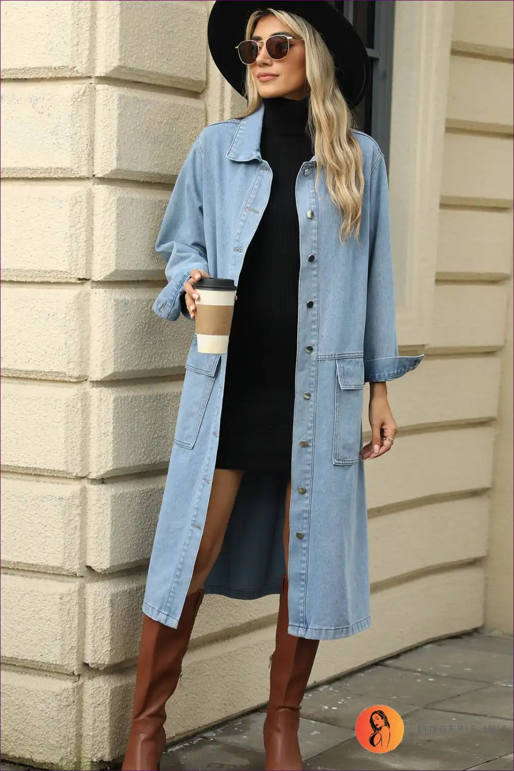 Longline Denim Trench Coat - Chic Urban Outerwear for Casual, Denim, Everyday, Glamour, Jackets