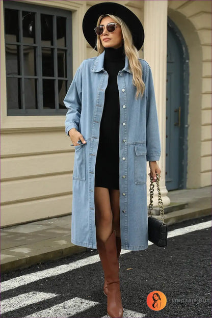 Longline Denim Trench Coat - Chic Urban Outerwear for Casual, Denim, Everyday, Glamour, Jackets