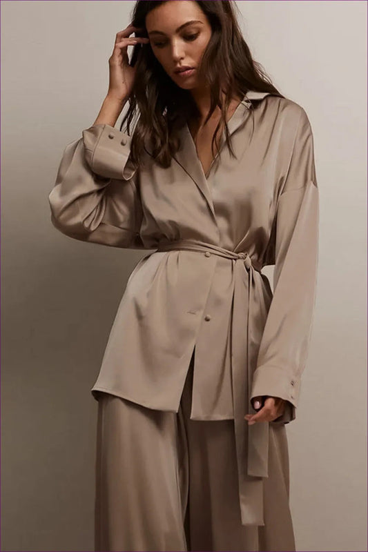 Elevate Your Wardrobe With Our Loose Fit Button Up Belted Co Ord Set. Lightweight And Comfortable a Loose Fit,