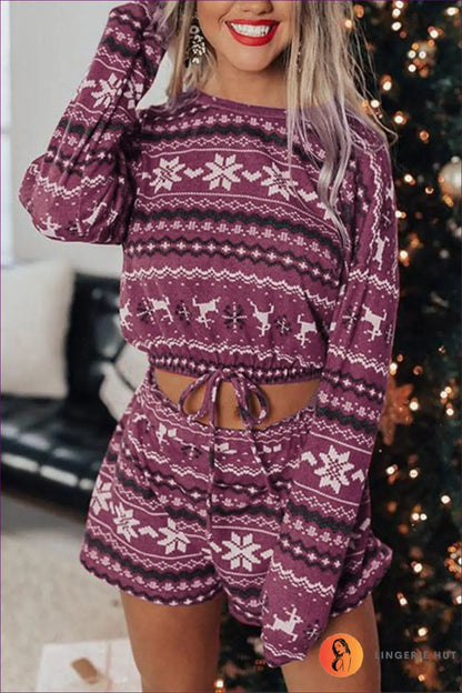 Lounge Set with Festive Print - Holiday Morning Bliss - s / Purple - Loungewear - Lingerie Hut - All Season • Autumn