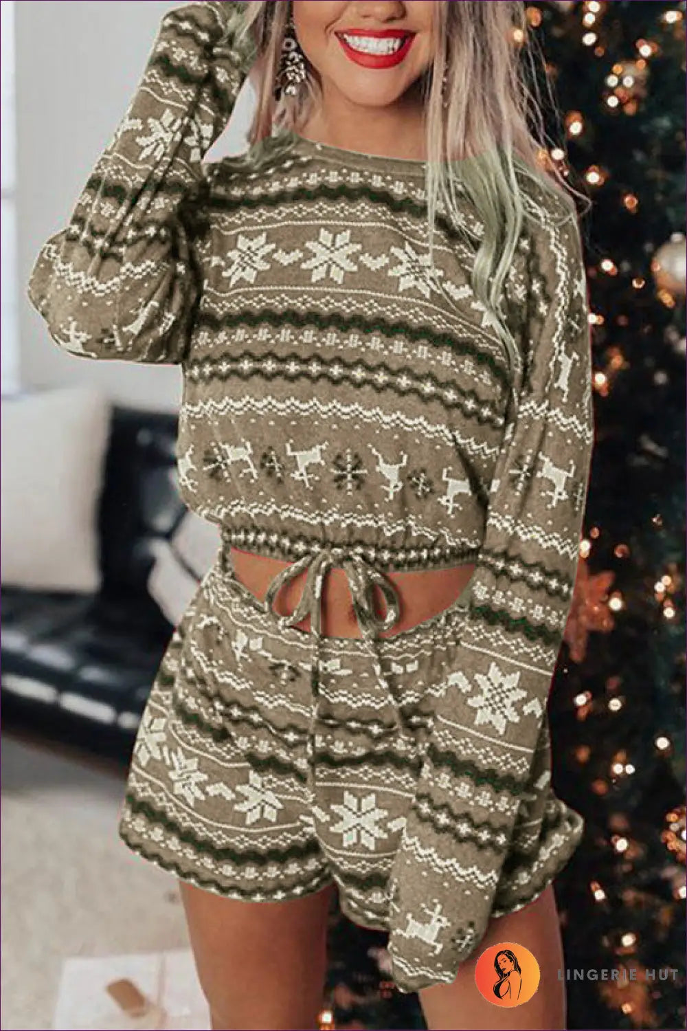 Lounge Set with Festive Print - Holiday Morning Bliss - s / Khaki - Loungewear - Lingerie Hut - All Season • Autumn