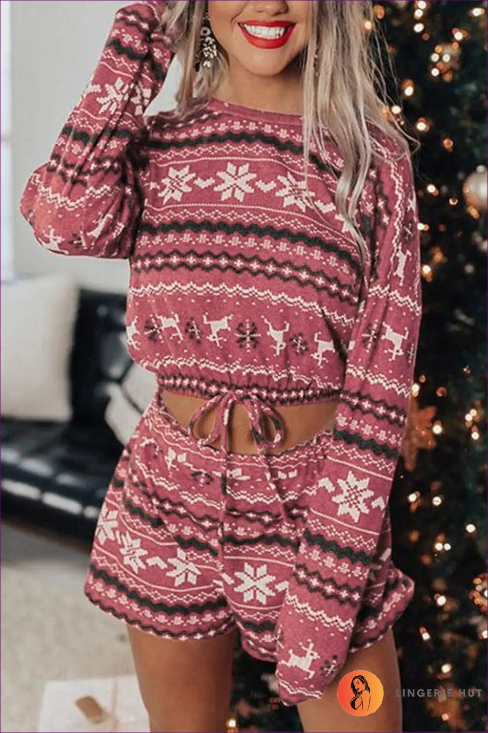 Lounge Set with Festive Print - Holiday Morning Bliss - s / Pink - Loungewear - Lingerie Hut - All Season • Autumn