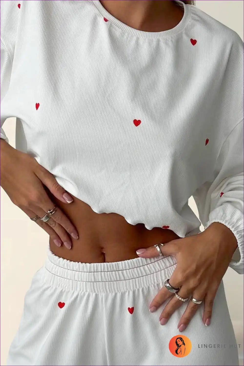 Lounge Set with Heart Print - Playful Romance for All Season, Casual, co Ord, Cotton, Crop