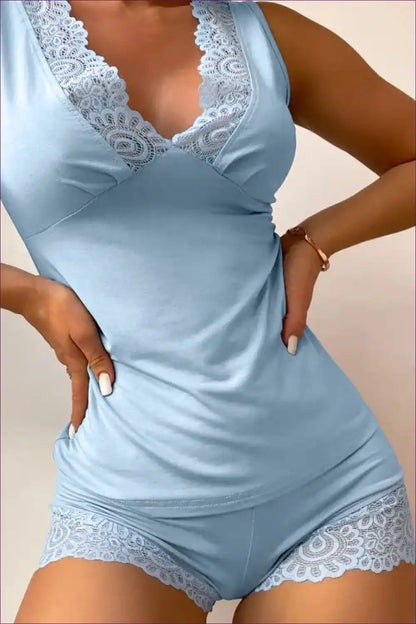 Lounge Set with Lace Trim and Sleeveless Top - Sunday Morning Ritual for Casual, co Ord, Cutout, Everyday,