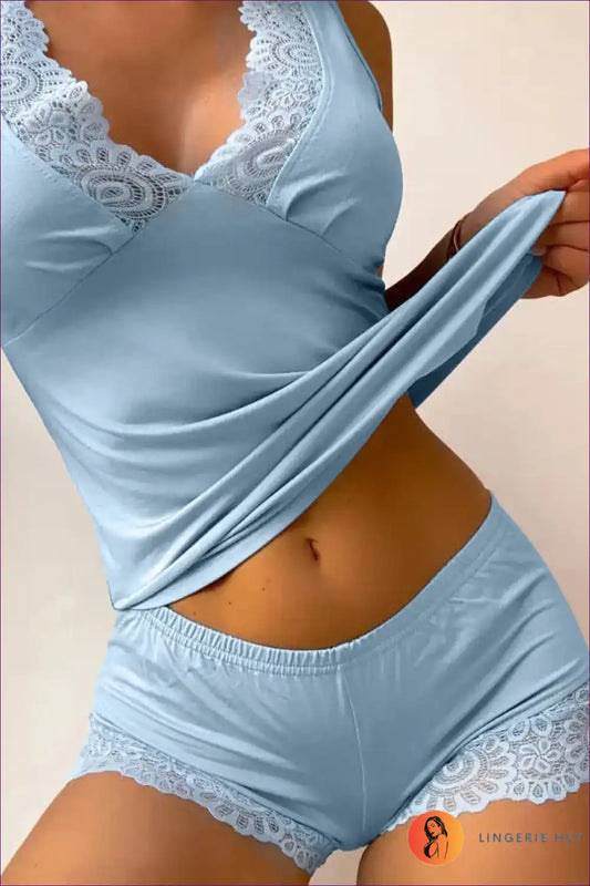 Lounge Set with Lace Trim and Sleeveless Top - Sunday Morning Ritual for Casual, co Ord, Cutout, Everyday,