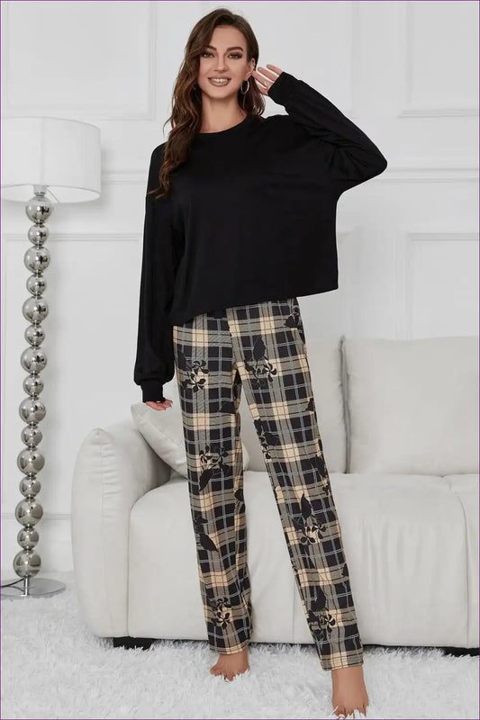 Lounge Set with Plaid Accents - Contemporary Casual for All Season, Casual, co Ord, Cotton, Everyday