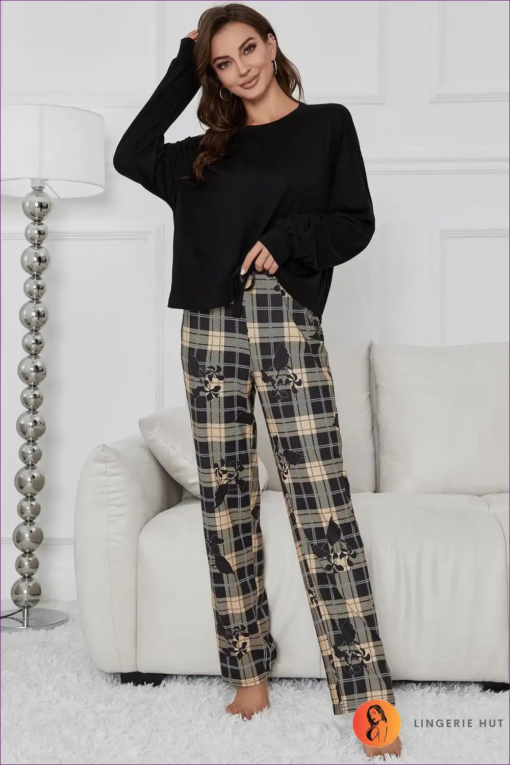 Lounge Set with Plaid Accents - Contemporary Casual for All Season, Casual, co Ord, Cotton, Everyday