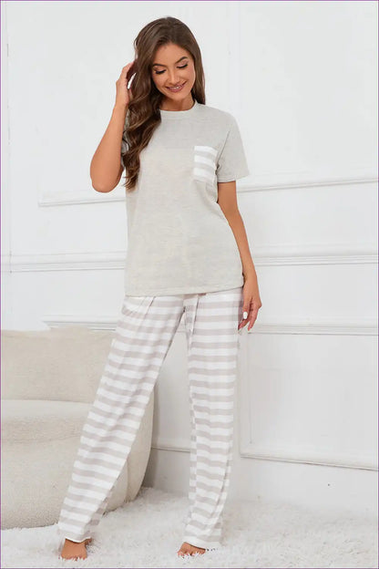 Lounge Set with Striped Bottoms - Casual Elegance for All Season, Casual, Cotton, Everyday,