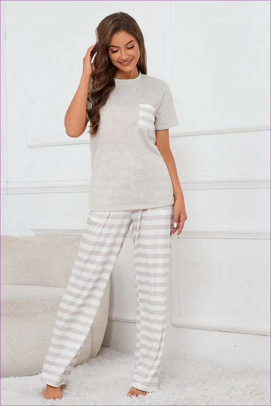 Lounge Set with Striped Bottoms - Casual Elegance for All Season, Casual, Cotton, Everyday,