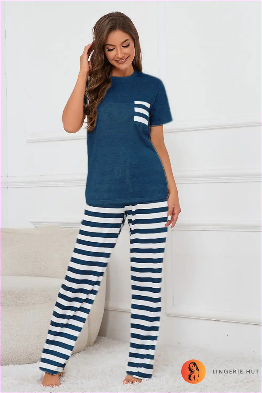 Lounge Set with Striped Bottoms - Casual Elegance for All Season, Casual, Cotton, Everyday,