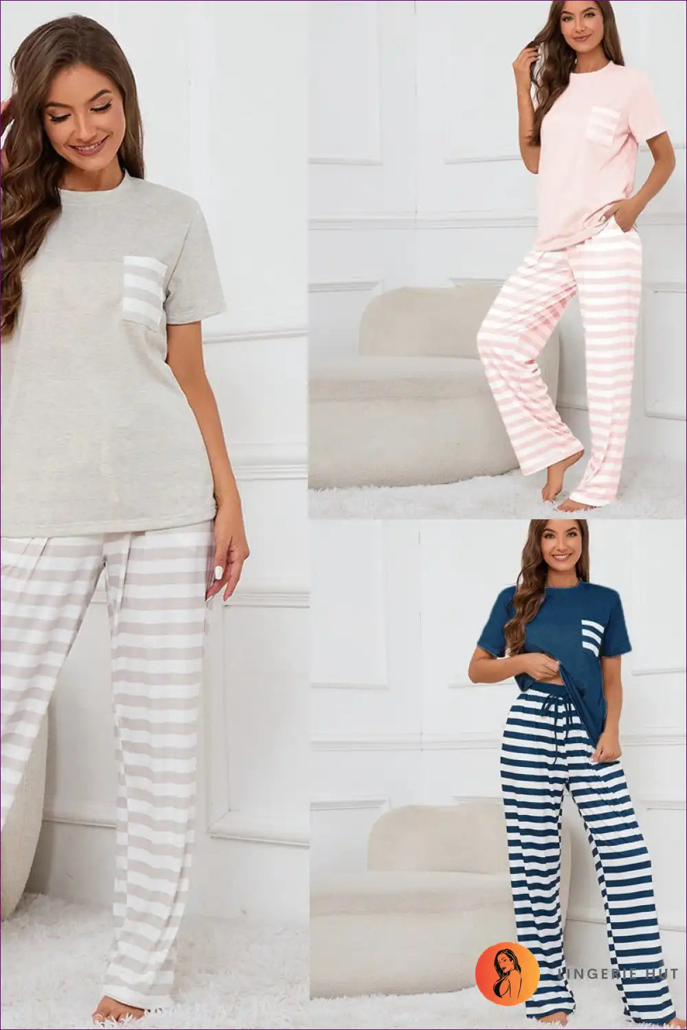 Lounge Set with Striped Bottoms - Casual Elegance for All Season, Casual, Cotton, Everyday,