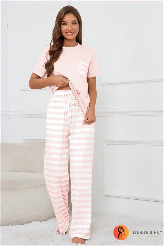 Lounge Set with Striped Bottoms - Casual Elegance for All Season, Casual, Cotton, Everyday,